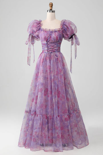 Purple A Line Print Lace-Up Long Prom Dress With Puff Sleeves